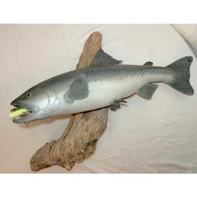 Vintage Handmade Eg Carved Wood Silver Wall Fish Mount Trophy Sculpture For Sale - Image 4 of 16