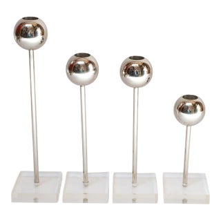 Set of Four Vintage Chrome Orb Candlesticks With Lucite Stems and Bases For Sale
