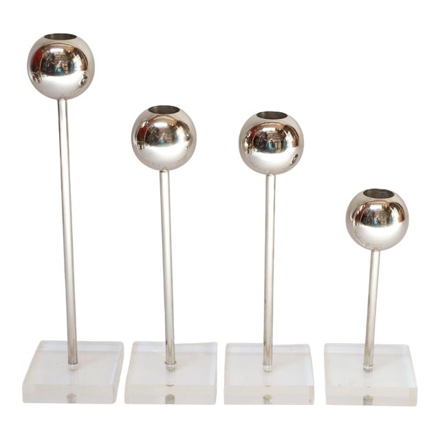 Set of Four Vintage Chrome Orb Candlesticks With Lucite Stems and Bases For Sale