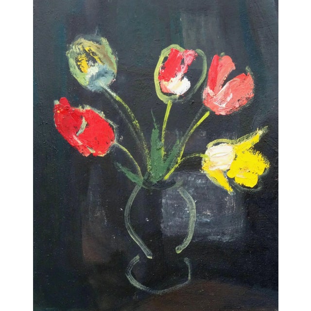 Tulips on the black background. 1975, cardboard, oil, 50x39 cm aleksandr rodin (1922-2001) painter born in a family of...