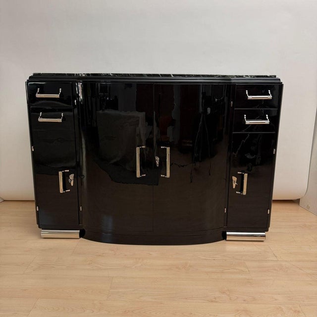 1930s Art Deco Sideboard in Black Lacquer, Nickel, Marble, and Mahogany, France, 1930s For Sale - Image 5 of 18