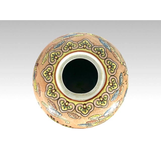 Antique Chinese Peach Orange Pavillion Ginger Jar With Celebration Parade and Red Crowned Cranes For Sale - Image 10 of 12