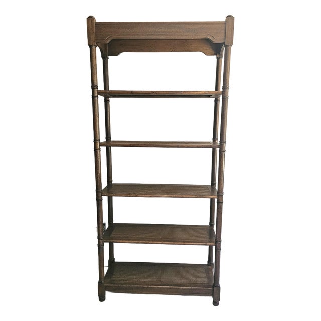 Mid-Century British Colonial Faux Bambo, Walnut and Woven Reed Estage or Bookcase For Sale