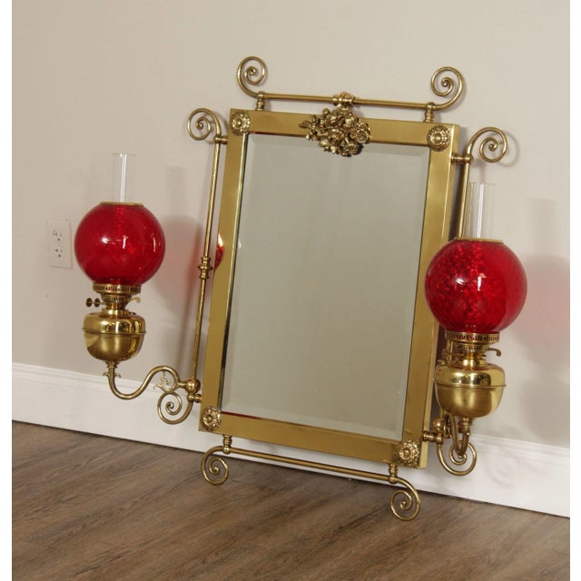 High Quality Antique Late 19th or Early 20th Century Brass Vanity Wall Mirror Mounted with Gas Lamp Sconces and Blown...