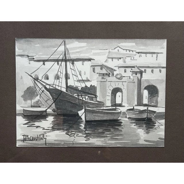 1960s Vintage 1960’s Black & White Watercolors of Various Fishing Boats ~ Framed Set of 7 For Sale - Image 5 of 11