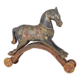 Indian Artist, Horse on Wheels, 19th Century, Hand-Carved and Painted Wood For Sale