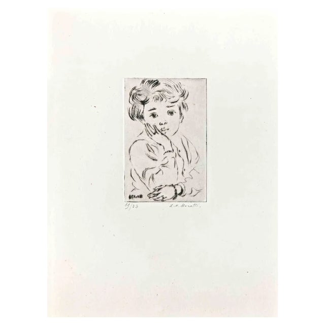 Lucien Philippe Moretti, Portrait of a Child, Original Etching, Mid-20th-Century For Sale