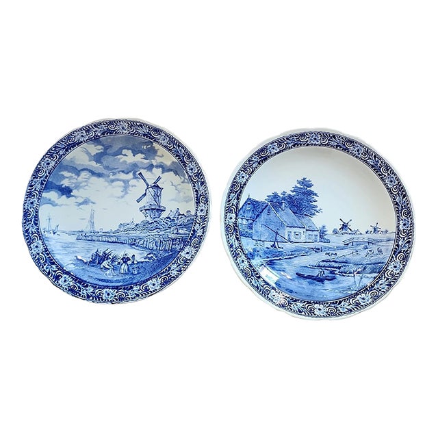 Vintage Pair of Boch Belgium Delft Large Cabinet Plates For Sale