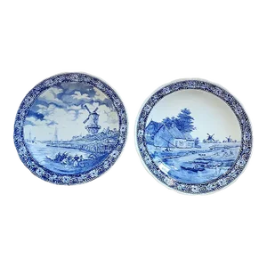 Vintage Pair of Boch Belgium Delft Large Cabinet Plates