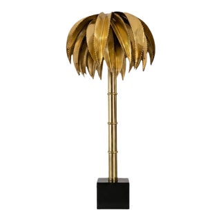 1970s French Brass Palm Tree Faux Bamboo Table Lamp in Style of Maison Jansen For Sale