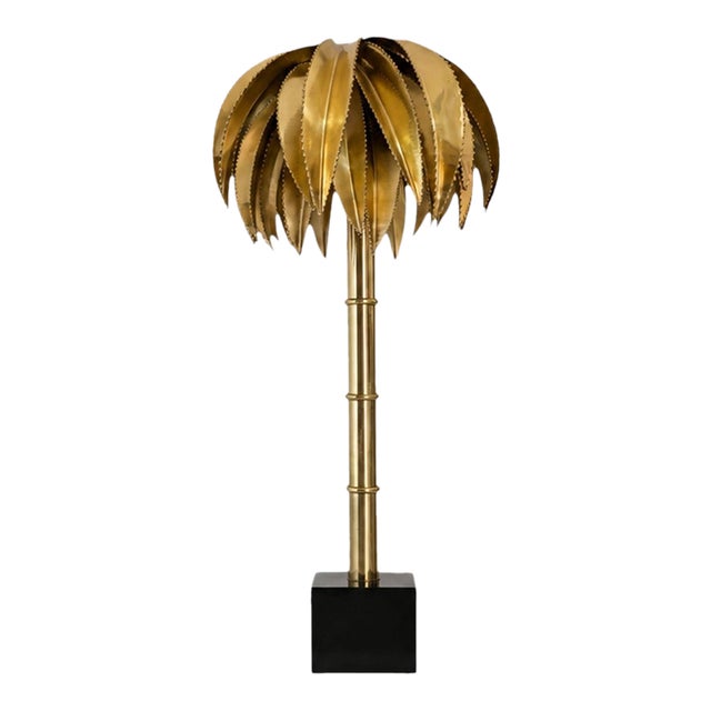 1970s French Brass Palm Tree Faux Bamboo Table Lamp in Style of Maison Jansen For Sale