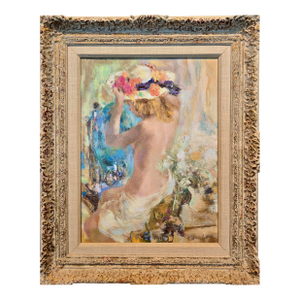 Wallace Bassford- Nude Girl Trying a Flowery Hat in the Mirror- Oil Painting