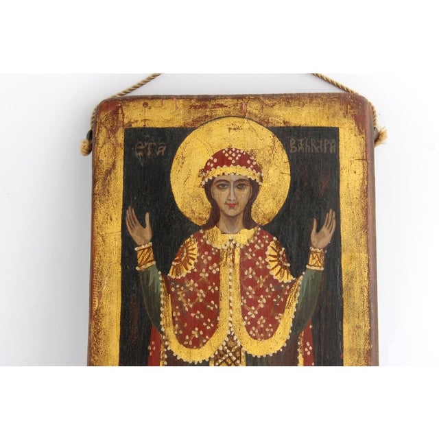Mid 20th Century Mid 20th Century Beautiful Christian Icon of Saint Barbara, Hand Painted Wood, 13.25"x6.5" For Sale - Image 5 of 8