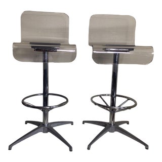 Vintage Mid-Century Modern Acrylic Lucite Chrome Chairs Barstools Attributed to Charles Hollis Jones- a Pair For Sale
