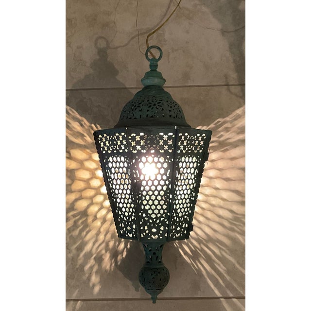 Moroccan Antique Moroccan Verdigris Copper Lantern – Hand-Pierced Openwork For Sale - Image 3 of 16