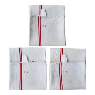 Early 1900s French Homespun Hemp Linen Red and White Hand Towels or Torchons - Set of Three For Sale