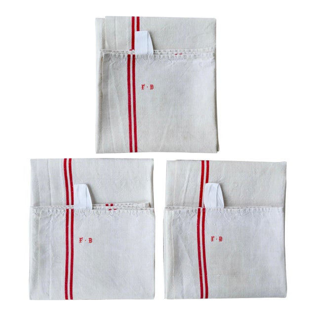 Early 1900s French Homespun Hemp Linen Red and White Hand Towels or Torchons - Set of Three - For Sale