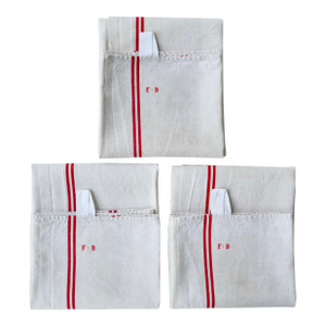 Early 1900s French Homespun Hemp Linen Red and White Hand Towels or Torchons - Set of Three