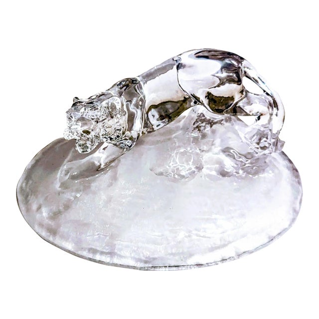 1990s Vintage Cristal d'Arques Clear Glass Mountain Lion Figurine For Sale