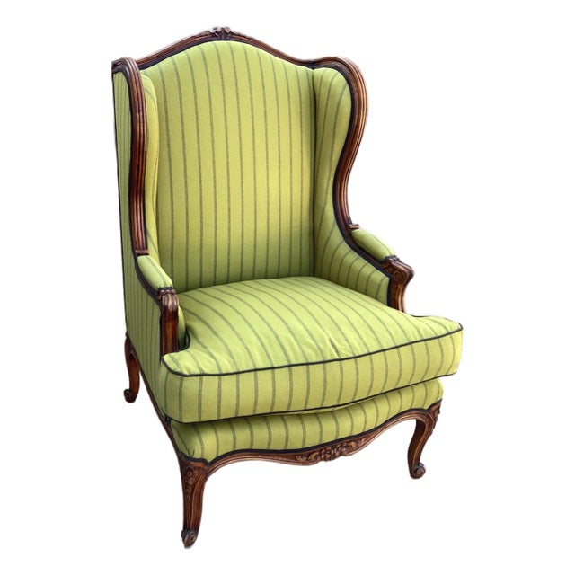 Ralph Lauren-Style French Bergere Chair W/Green Stripe Wool Upholstery For Sale