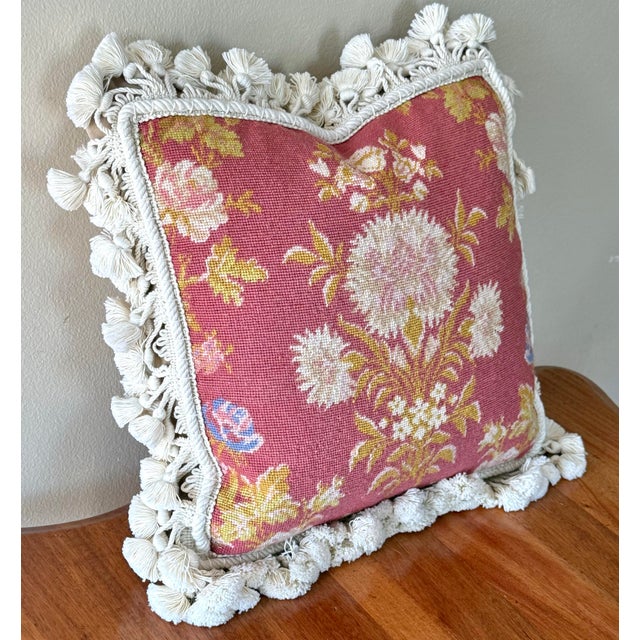 English Vintage French Aubusson Style Needlepoint Pillow For Sale - Image 3 of 7