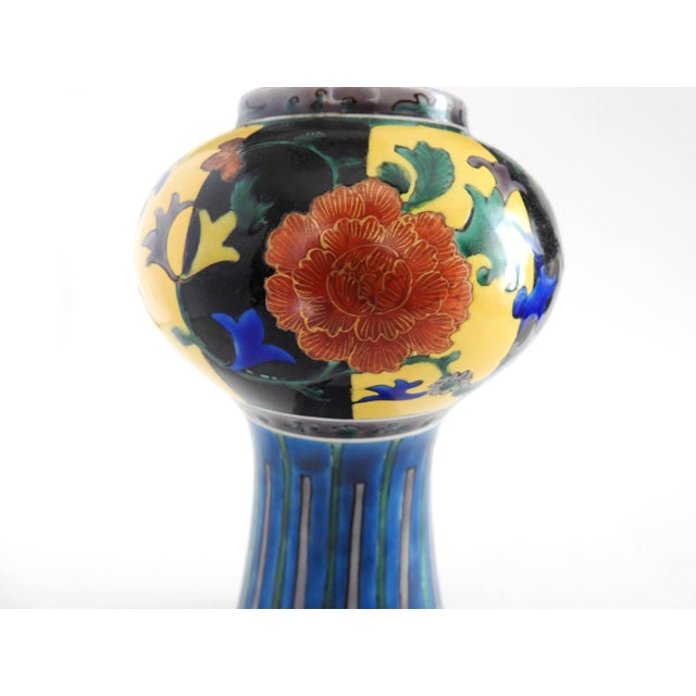 Blue Antique Ao-Kutani Yoshidaya Style Art Deco Pedestal Vase Fuku Mark C. 1920s–1940s For Sale - Image 8 of 15