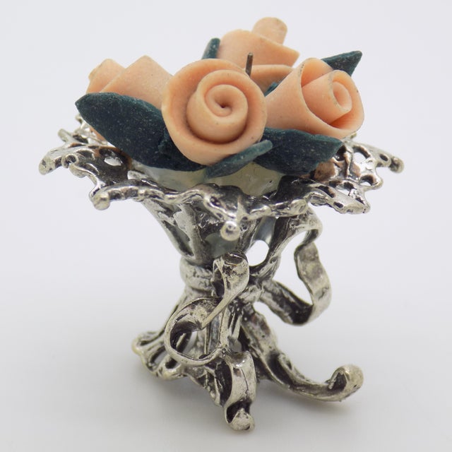 Vintage Italian Handmade Genuine Silver & Salt Dough Flower Bouquet Dollhouse Miniature For Sale - Image 9 of 12