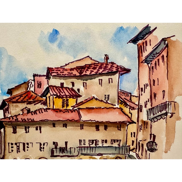 Rustic Henry Emil Salloch Original Watercolor on Paper Tuscan Hill Town Piazza. For Sale - Image 3 of 5