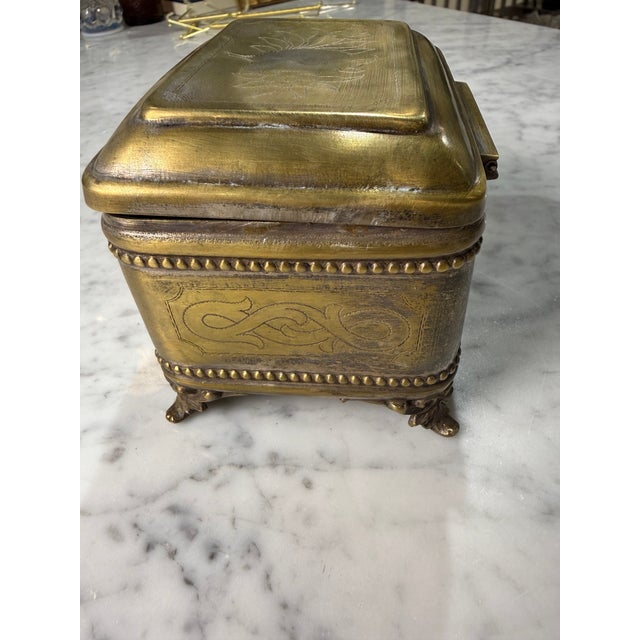 Victorian Vintage Brass Engraved Jewelry Casket With Claw Feet For Sale - Image 3 of 7