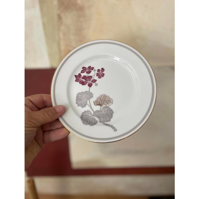 Japanese Vintage Noritake Geranium Burgundy and Gray 6.5” Plates - Set of Nine (9) For Sale - Image 3 of 10