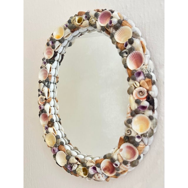 Light Pink Handcrafted Seashell Oval Mirror – Coastal Beach House Decor, Velvet Backing For Sale - Image 8 of 12