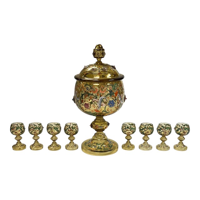 19th Century Moser Glass Punchbowl and Goblets Set - Set of 9 For Sale