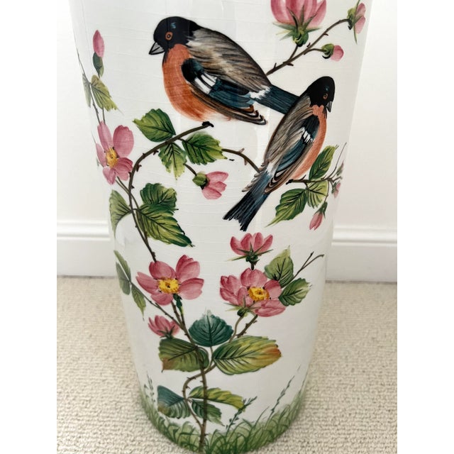 Stunning extra tall hand painted Italian porcelain umbrella stand. Hand Painter Pink Flowers with beautiful birds....
