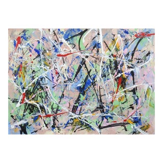 Abstract Style of Jackson Pollock Painting on Paper in Pink White & Black For Sale