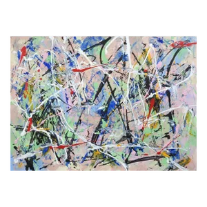 Abstract Style of Jackson Pollock Painting on Paper in Pink White & Black