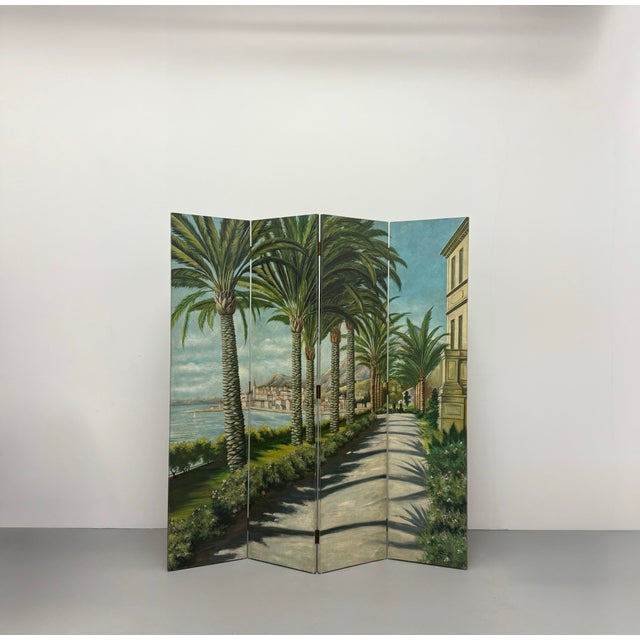 Vintage Coastal Hand-Painted Four-Panel Folding Screen For Sale - Image 4 of 7