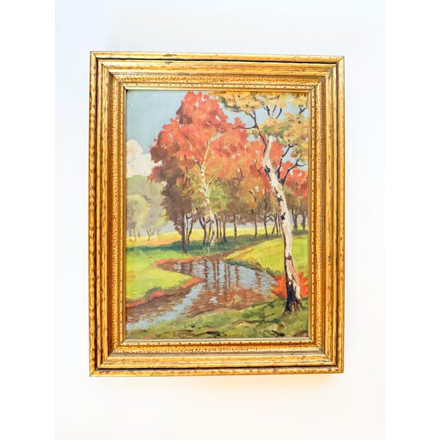 The most charming landscape still life, painted in 1939. It features a vibrant autumn landscape with a sparking stream,...