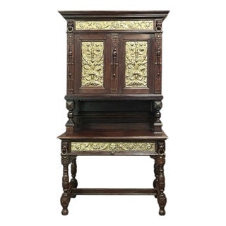 19th Century Flemish Renaissance Revival Secretary Bookcase in Solid Oak With Embossed Brass Panels For Sale