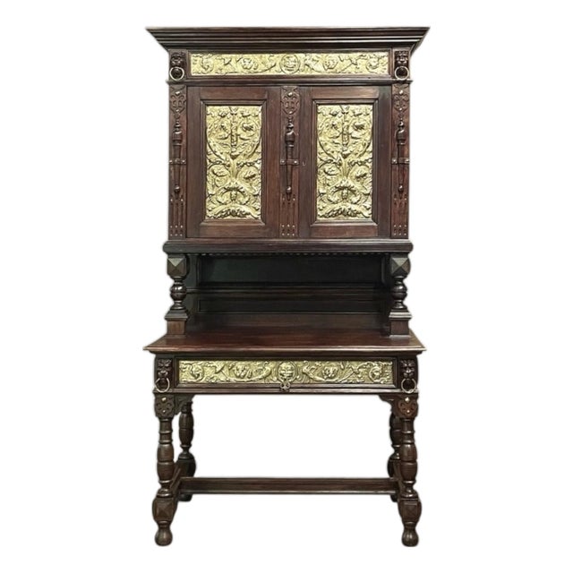 19th Century Flemish Renaissance Revival Secretary Bookcase in Solid Oak With Embossed Brass Panels For Sale