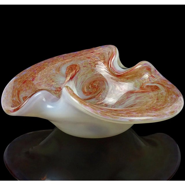 Beautiful vintage Murano hand blown opalescent white, pink and copper aventurine swirls Italian art glass bowl. Documented...