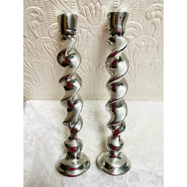 Silver Pair of Vintage Hand Made Twisted Silver Candleholders Made in Mexico For Sale - Image 8 of 8