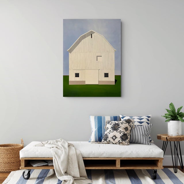 White El Guapo by Justin Wheatley | Acrylic on Canvas White Barn With Green Field For Sale - Image 8 of 11