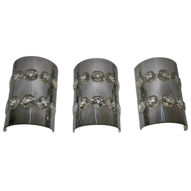 Curved Steel & Crystal Sconces, 1970s, Set of 3 For Sale