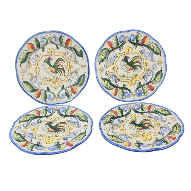 Ceramic Fitz & Floyd 4 Hand Painted "Ricamo" Rooster Salad Dessert Luncheon Plates For Sale - Image 7 of 7