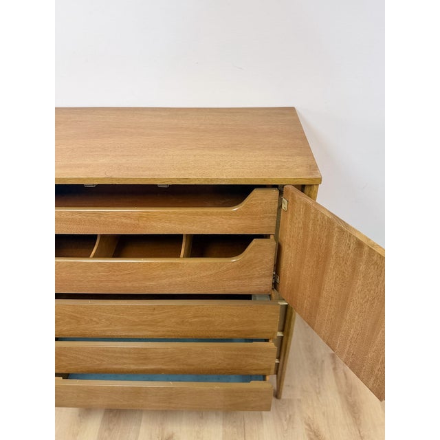 Mid Century Tallboy Dresser MCM Five Drawer Brass Accent Warm Gray Tone Wood For Sale - Image 13 of 14