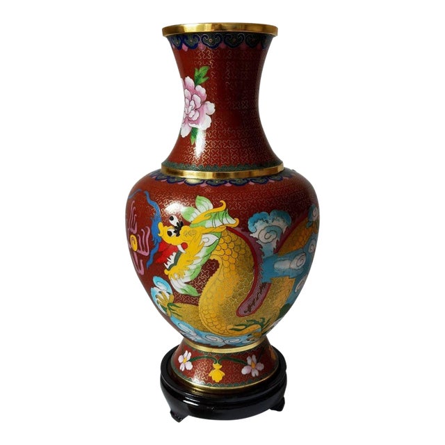 Vintage Cloisonné Enamel Dragon Vase – Red Ground, Gilt Accents, With Stand & Box For Sale