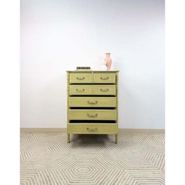 Mid 20th Century Henry Link Bali Hai Tallboy Dresser Green Vintage 5 Drawer Hollywood Regency For Sale - Image 16 of 18