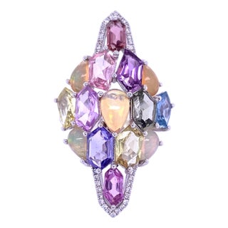 Diamond, Opal & Multi-Sapphire Ring, Size 6.5 For Sale