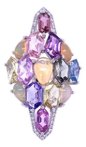 Diamond, Opal & Multi-Sapphire Ring, Size 6.5