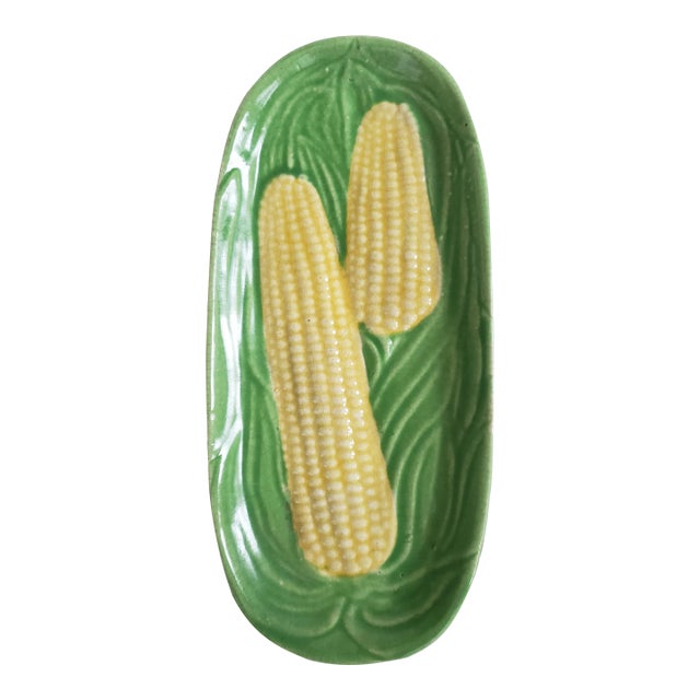 1950s Majolica Corn Spoon Rest or Decorative Plate For Sale